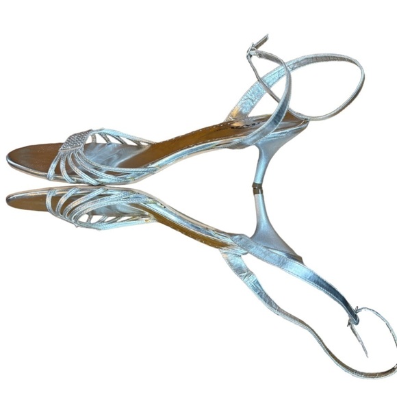 Lava Silver Sandals with Rhinestones Size 11 Silver Strappy Heels w/ Ankle Strap - Picture 2 of 12